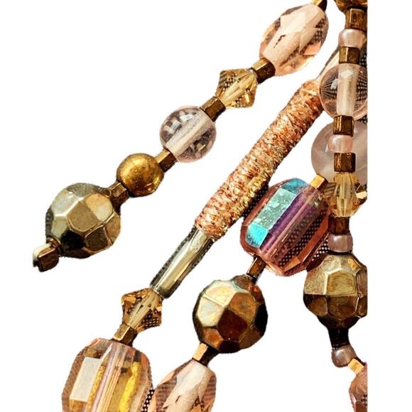 Vintage Pink Agate gold Swarovski Crystal hand beaded festoon style 5”x 2” pin - Picture 8 of 13